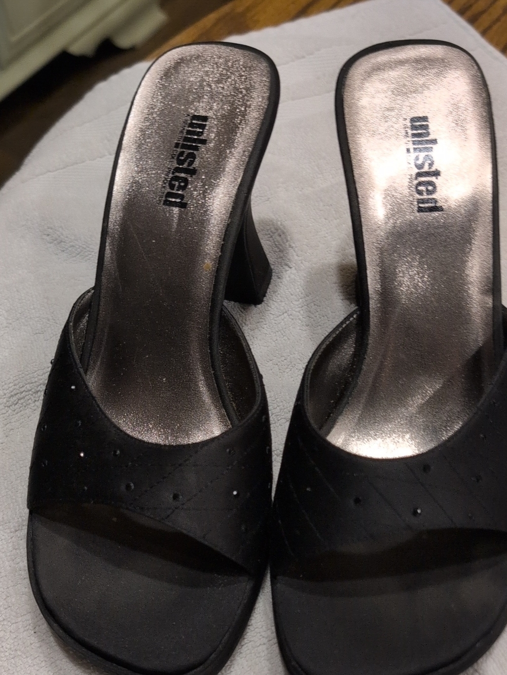 Unlisted Black Slide Mule Heels with Metallic Insole